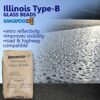 Promotional graphic for SWARCO Illinois Type B Glass Beads featuring a bag of premium reflective glass beads and a close-up of reflective pavement markings demonstrating enhanced nighttime visibility and retroreflectivity.