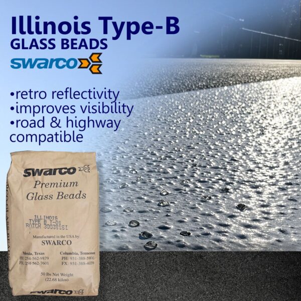 Promotional graphic for SWARCO Illinois Type B Glass Beads featuring a bag of premium reflective glass beads and a close-up of reflective pavement markings demonstrating enhanced nighttime visibility and retroreflectivity.