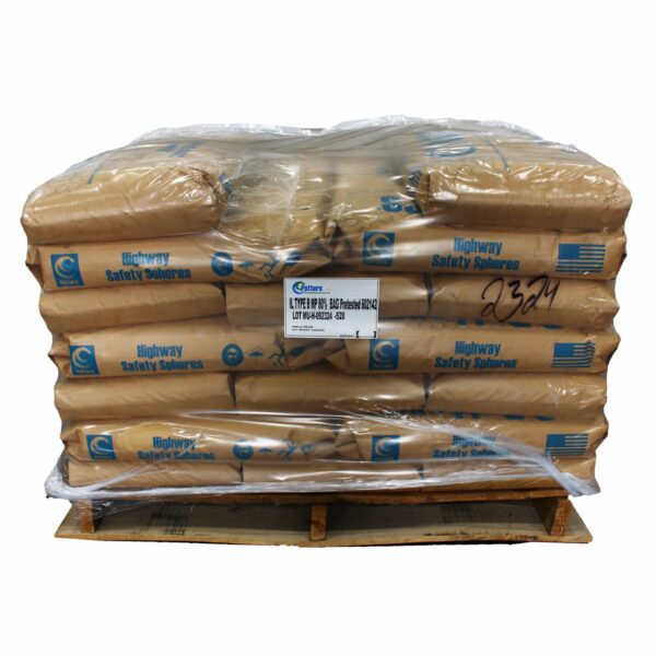Palletized shipment of Potters Highway Safety Spheres glass beads wrapped in plastic and stacked on a wooden pallet for bulk pavement marking and traffic paint applications.