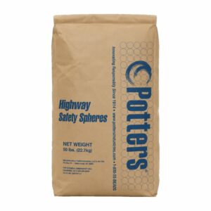 50 lb bag of Potters Highway Safety Spheres reflective glass beads used in traffic paint and pavement marking applications to improve nighttime roadway visibility.