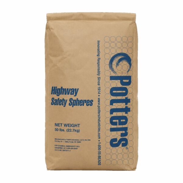 50 lb bag of Potters Highway Safety Spheres reflective glass beads used in traffic paint and pavement marking applications to improve nighttime roadway visibility.
