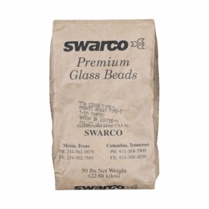 50 lb bag of SWARCO TT-B-1325D Type I Premium Glass Beads designed for airport runway, taxiway, and airfield pavement marking applications requiring FAA-compliant retroreflective performance.