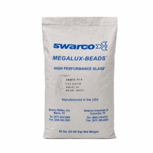 SWARCO MegaLux Type 4 High Performance Glass Beads in a 50 lb bag, designed for premium retroreflective pavement marking applications requiring superior wet-night visibility and roadway safety.