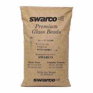 50 lb bag of SWARCO Premium Glass Beads MMA T-13 Utah Blend displayed for use in 2K MMA pavement marking systems, road striping, and high-performance roadway safety applications.